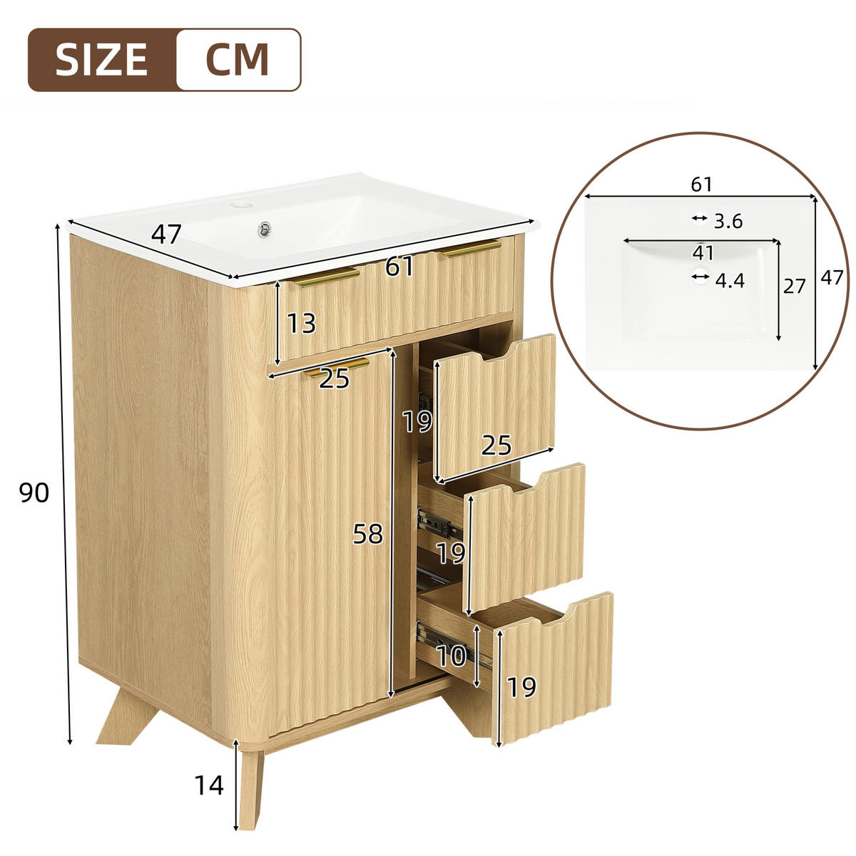 WASCHTISCHKOMMODE aus MDF und Keramik 61x47x90 cm Naturholz mit Schiebetür, 3 Schubladen und Keramikwaschbecken - Eichefarben, Keramik (61/90/47cm) - Modfu