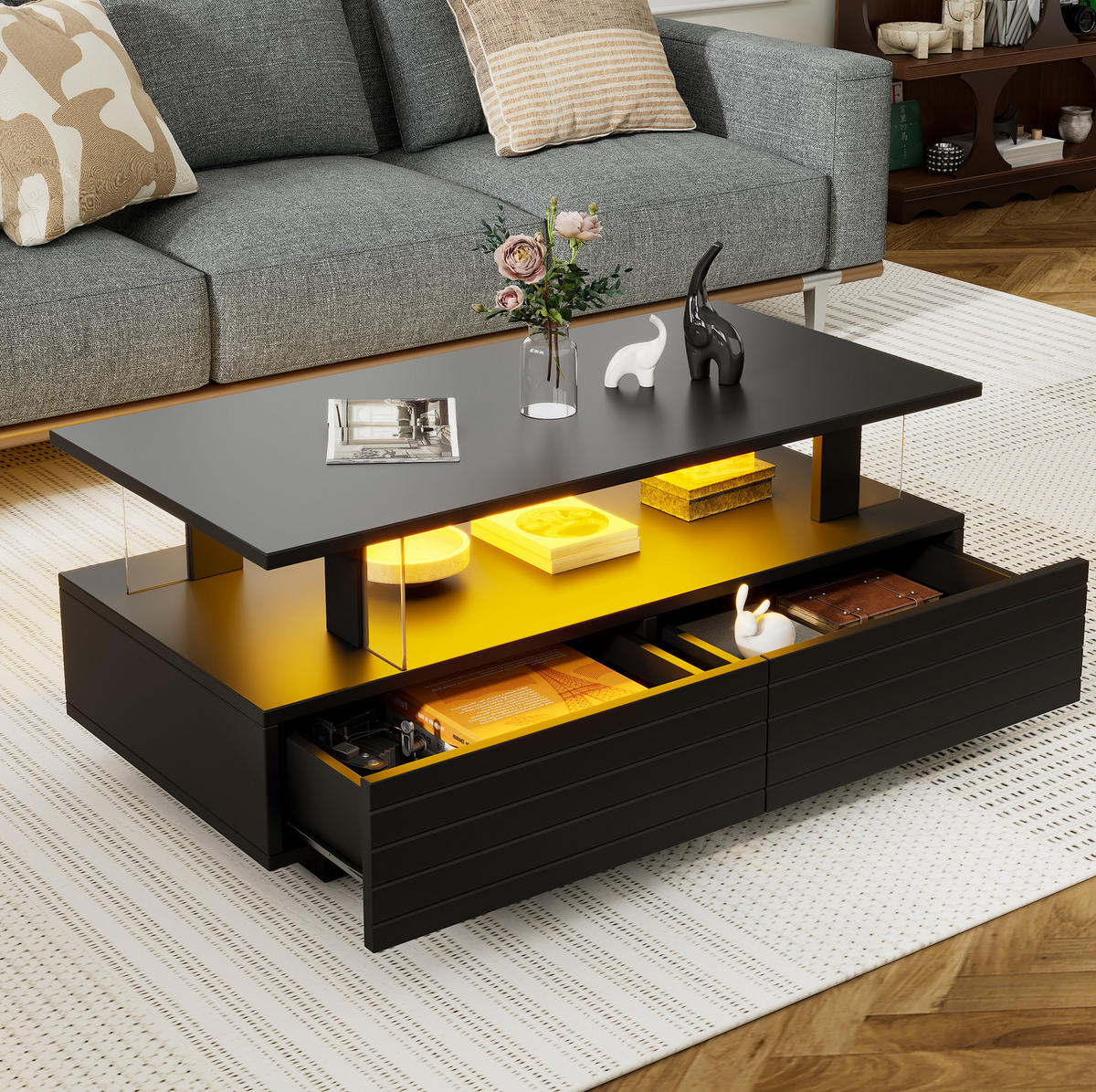 COUCHTISCH mit LED und Stauraum 100 x 50 cm Acryl Schwarz - Schwarz, Holz (100/50/42cm) - Meubliv