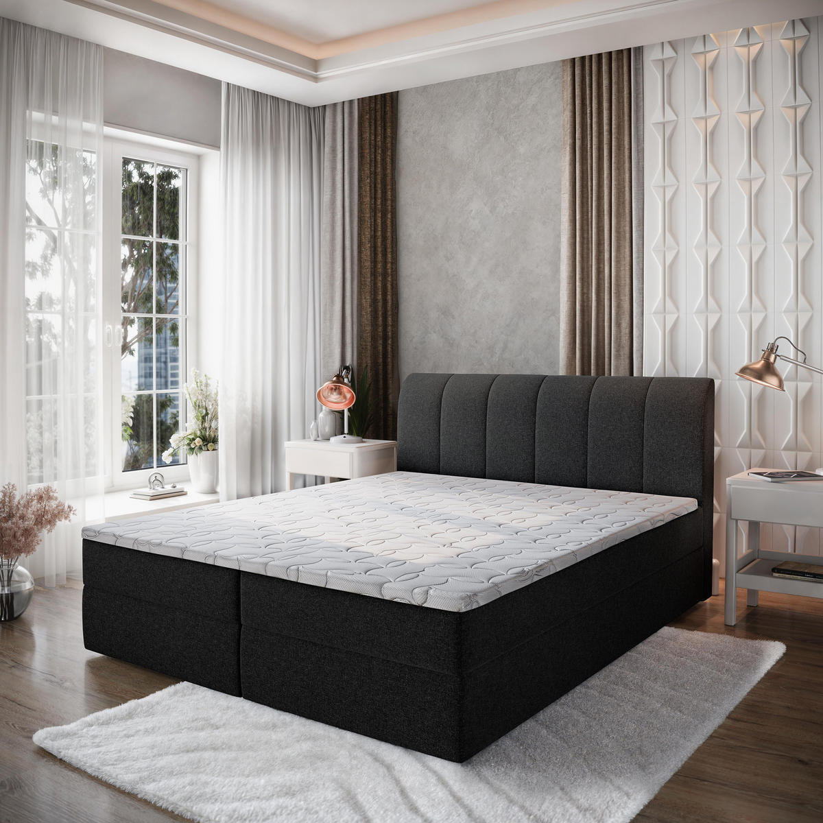 BOXBETT CEVANO 180x200 cm mit Matratze und Topper - Schwarz - Schwarz, Holz (180/200cm) - MASSENO