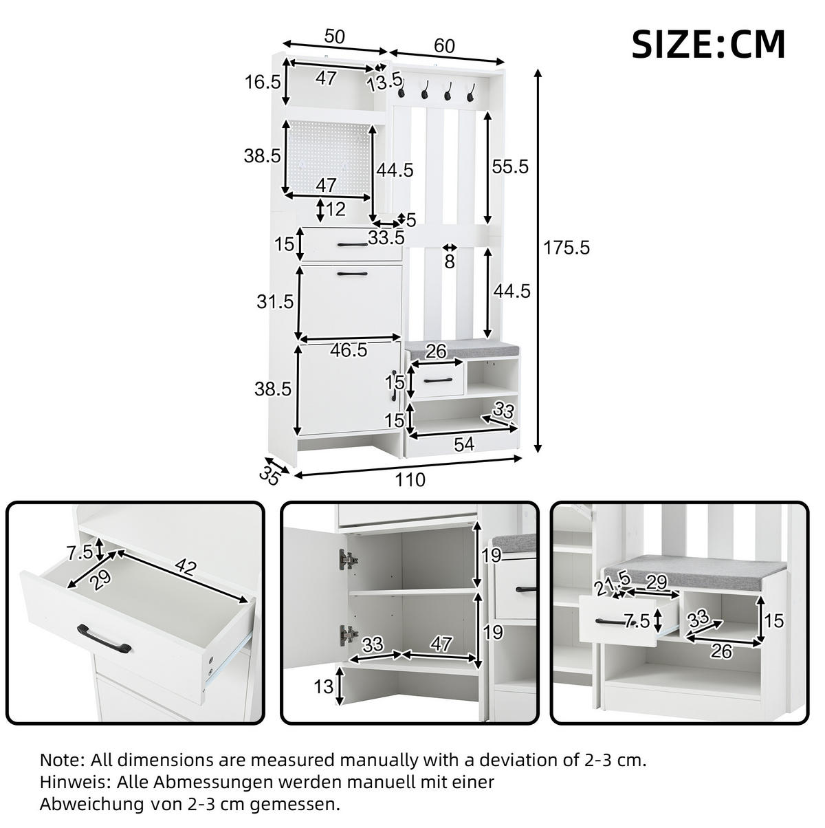 GARDEROBE 110/35/175,5 cm aus Spanplatte mit Schuhbank und 7 Haken Weiß - Weiß, Holzwerkstoff (110/175.5/35cm) - Modenvie