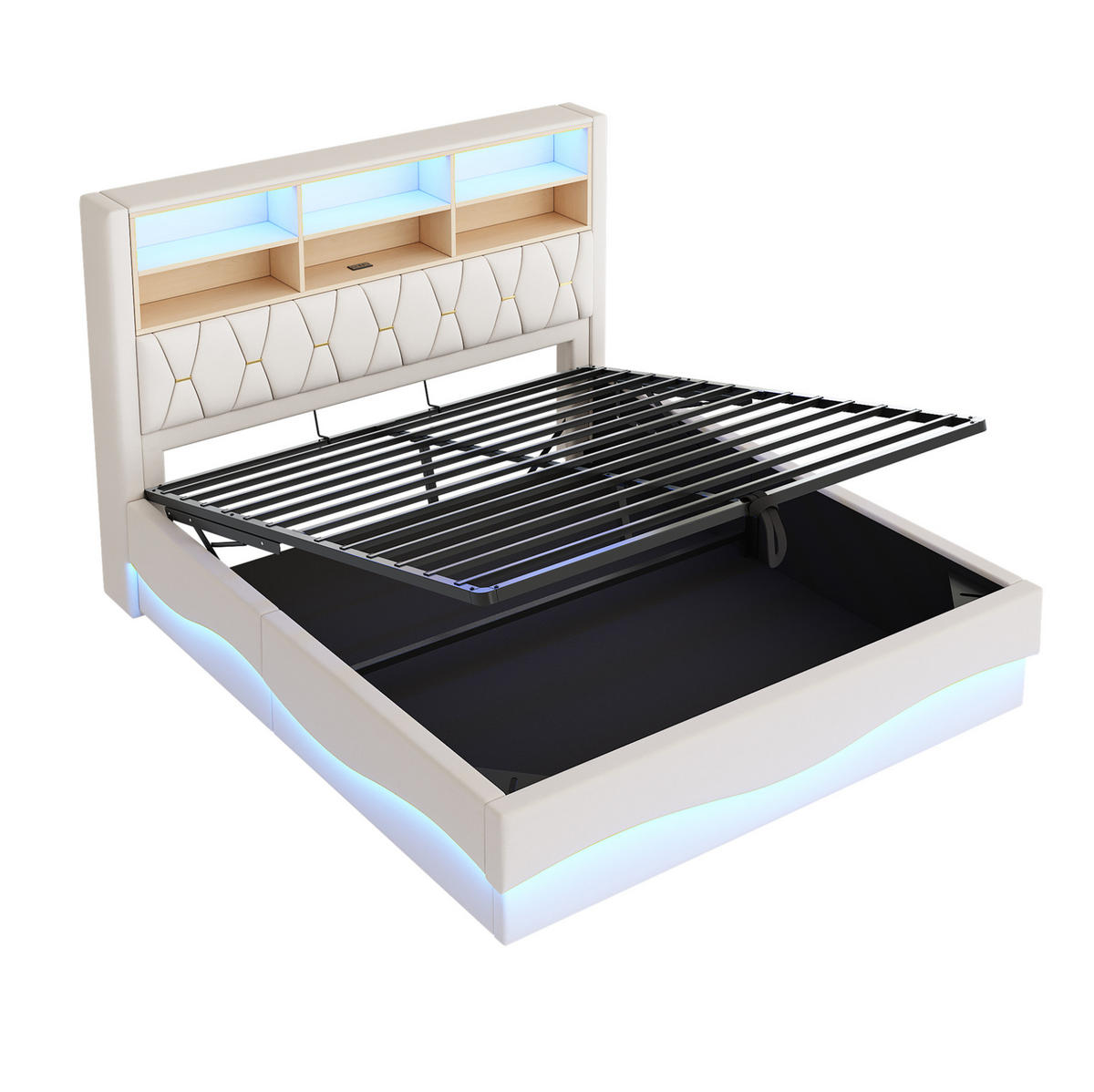 POLSTERBETT 180/200 cm Beige mit Stauraum, LED-Beleuchtung und USB-Anschluss - Beige, Metall (180/200cm) - Flora Grace