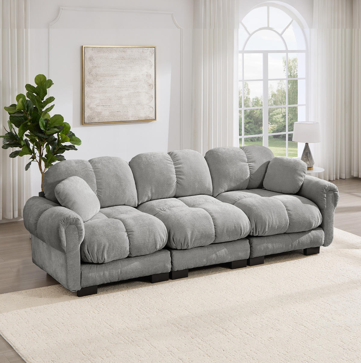 SOFA 260/86/90 cm in Hellgrau aus Chenille mit Steppnaht und Modulsystem - Hellgrau, Textil (86/90/260cm) - Flora Grace