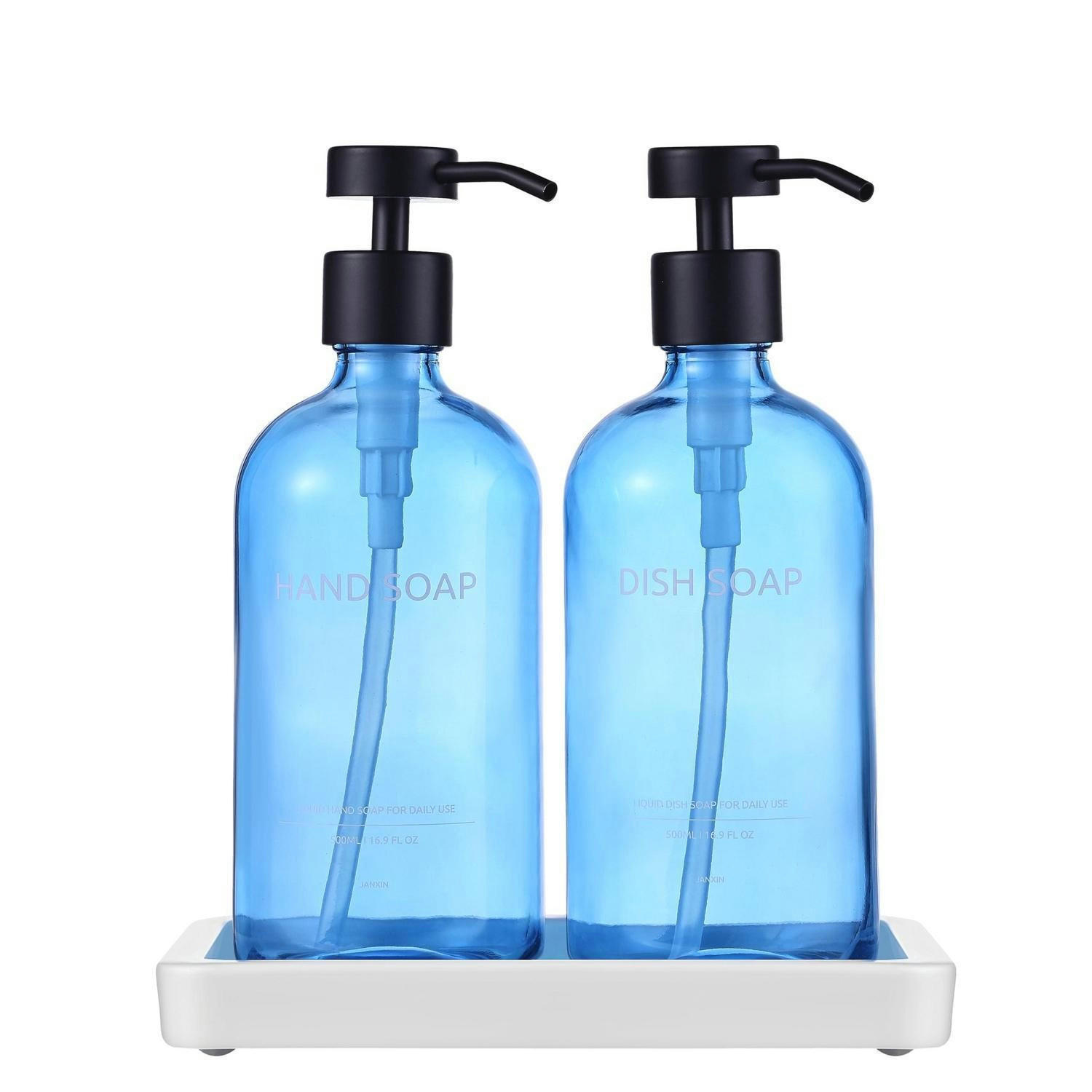 SEIFENSPENDER 2-teiliges Set Glas Blau 500 ml mit Tablett - Blau, Glas (7.6/20.8/7.6cm)