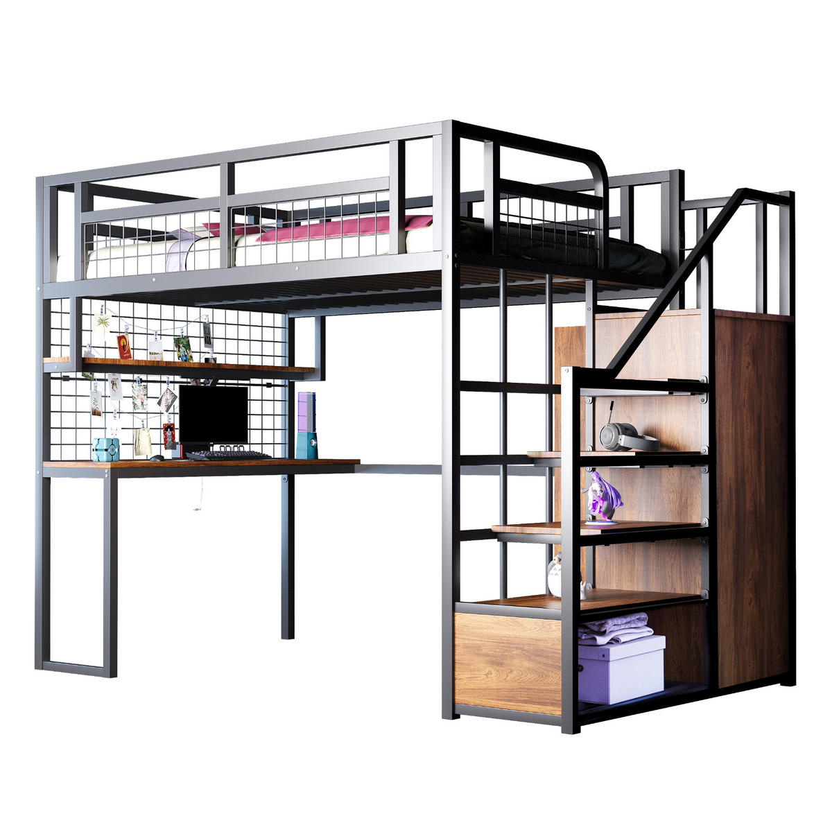 HOCHBETT 140/200 cm in Schwarz mit Stauraumtreppe, Kleiderschrank, Tisch, Regal, Lichtleiste und Steckdose - Schwarz, Holz/Metall (140/200cm) - STILVORA