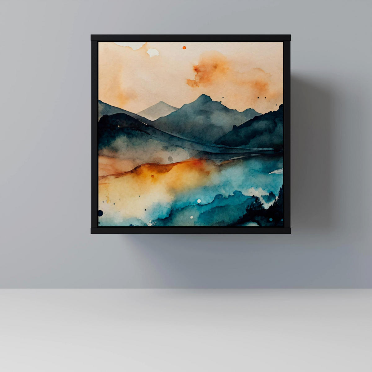 SIDEBOARD OMINOUS MOUNTAINS, Schwarz, 57,5x42x67,5 cm, Schwarze Metall-Rahmenfüße - Multicolor/Schwarz, Holzwerkstoff/Metall (57.5/67.5/42cm) - SpaceRebels