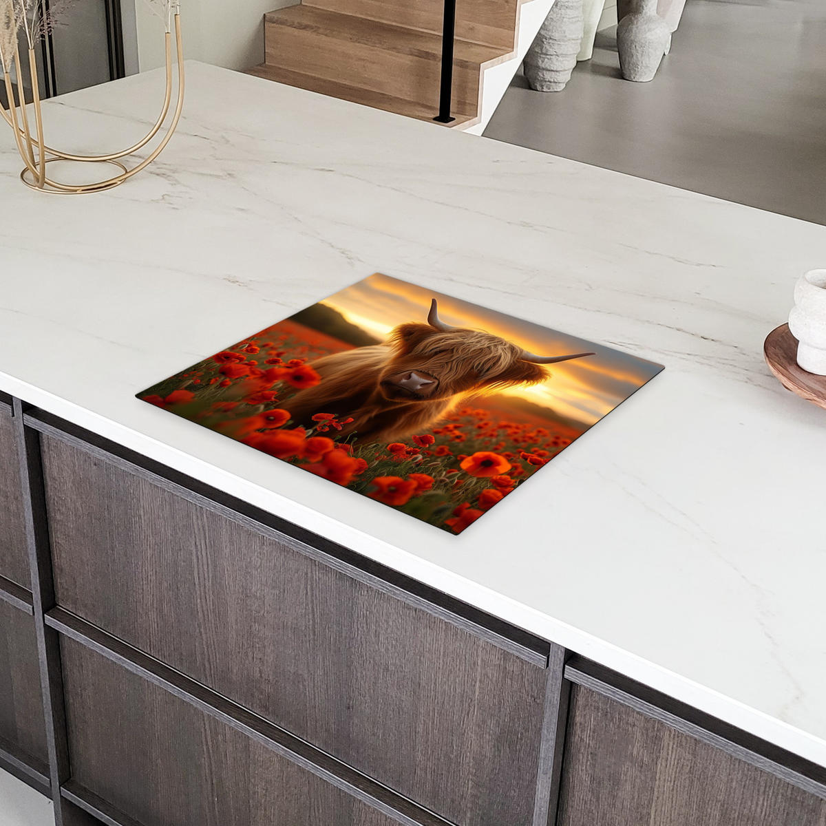 HERDABDECKPLATTE Schottische Highlander - Rosen - Blumenfeld - Sonnenuntergang Herdabdeckung Induktionsfeld 60x52 cm - Rotbraun, Kunststoff (60/52/0.2cm) - MuchoWow