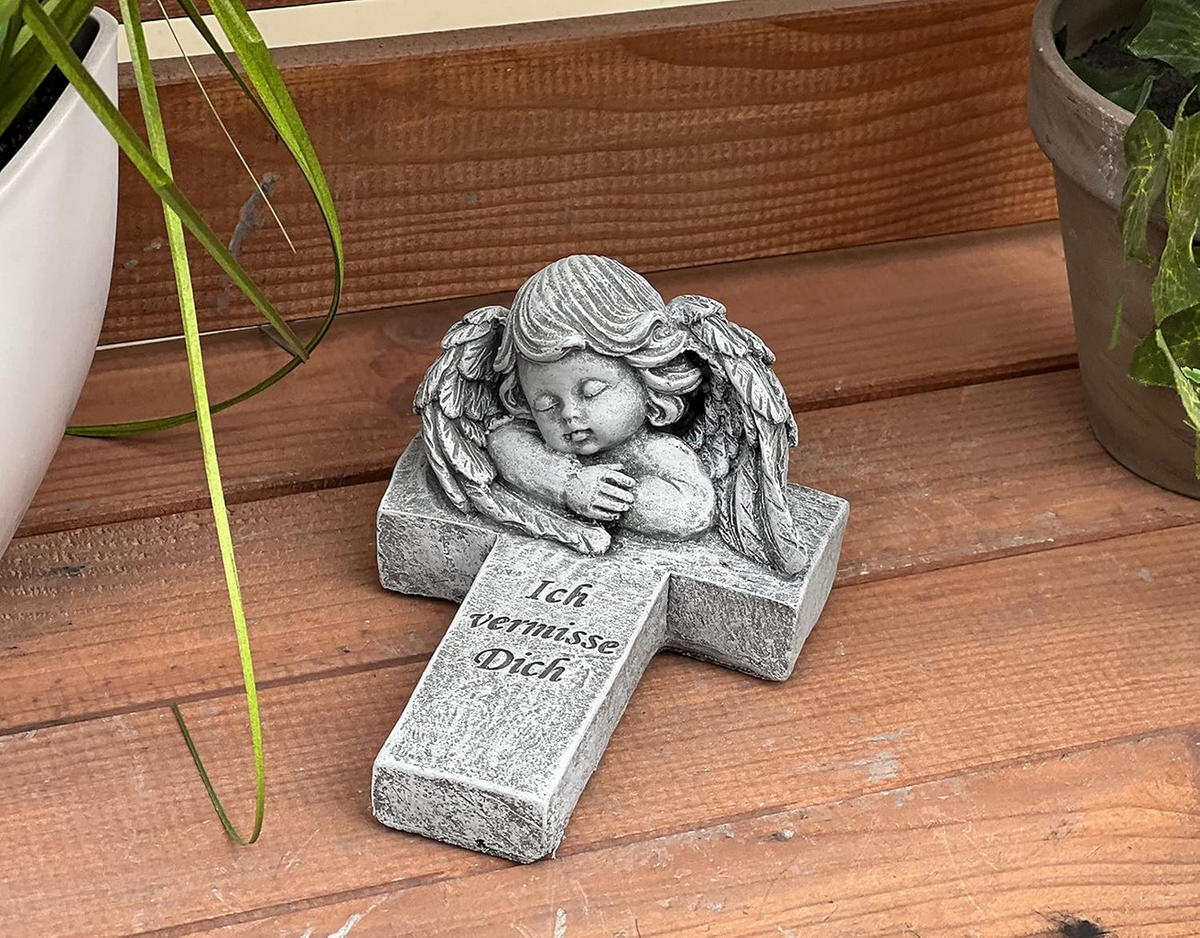 STEINFIGUR Engel Kreuz Ich vermisse Dich Steinguss frostfest massiv - Grau, Stein (9/7/14cm) - stoneandstyle