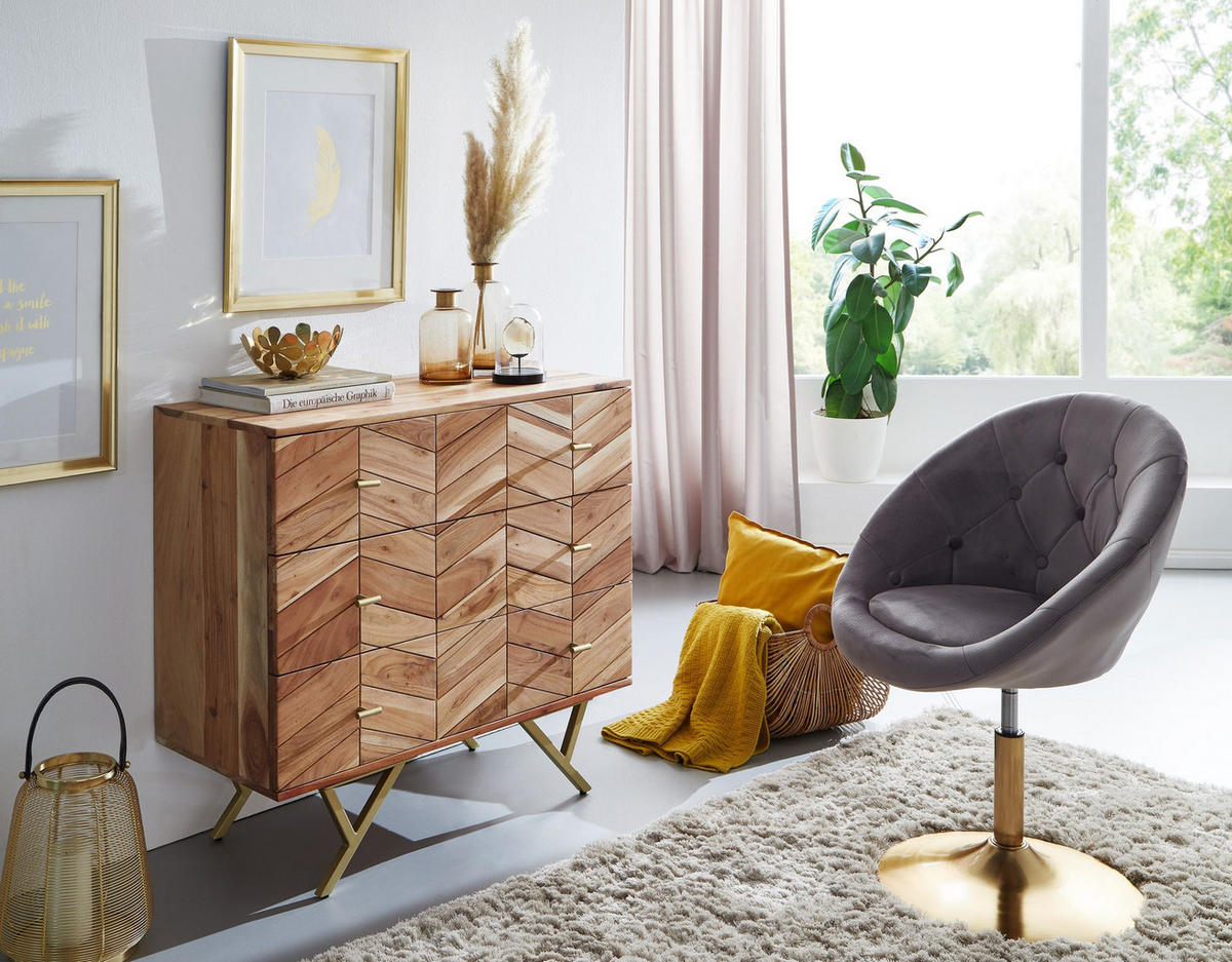 SIDEBOARD – Akazie Massivholz, rustikal, mit Muster, Landhausstil - Beige/Goldfarben, Holz/Metall (90/86/40cm) - KADIMA DESIGN