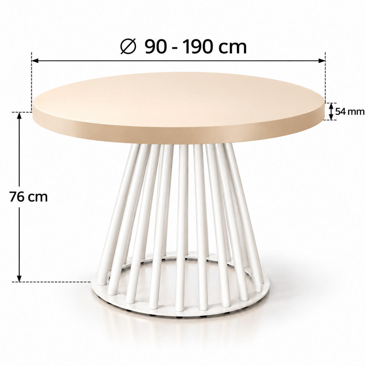 ESSTISCH rund ausziehbar 90/190/76 cm, Kaschmir, 54 cm Tischplatte + Lamellen-Metallgestell Weiß - Kaschmir/Weiß, Holzwerkstoff/Metall (90/190/76cm) - Damale Möbel