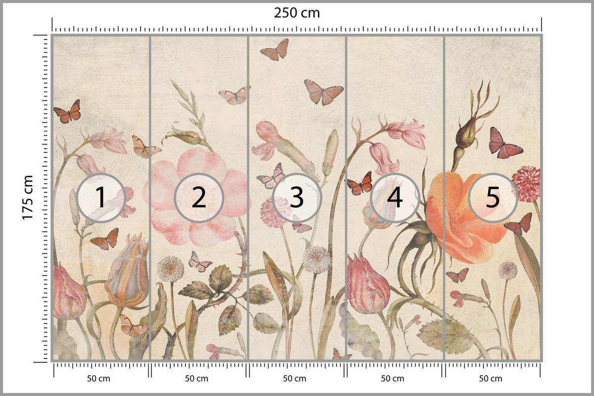 FOTOTAPETE für Kinderzimmer Wiesenblumen Aquarell Schmetterlinge Boho 250x175 - Beige/Rot, Papier (250/175cm) - Muralo