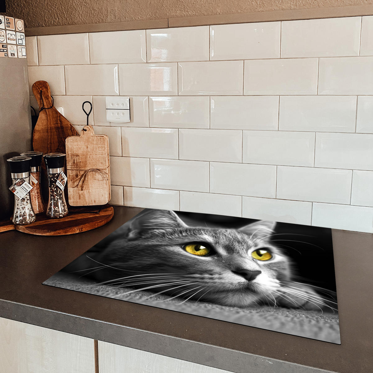 HERDABDECKPLATTE Katze - Grau - Tiere - Katze Herdabdeckung Induktionsfeld 65x52 cm - Grau, Kunststoff (65/52/0.2cm) - MuchoWow