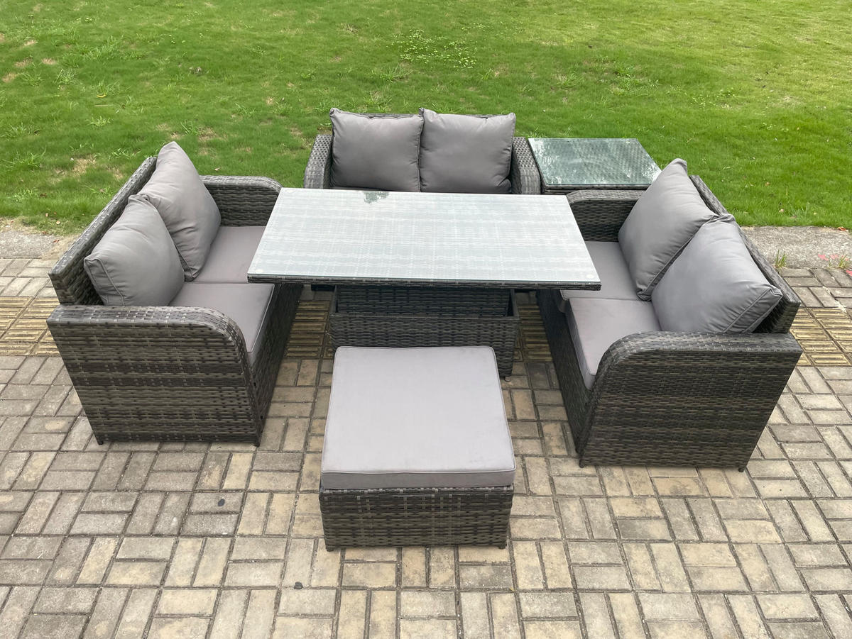GARTENSOFA SET Polyrattan Dunkelgrau 7-Sitzer - Dunkelgrau, Metall - Fimous