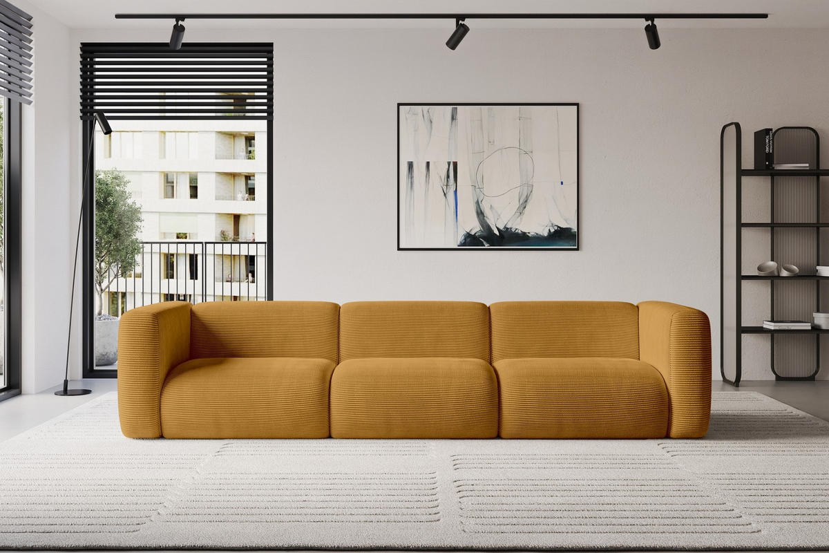 MODULARES Sofa 3-SITZER MIRA-S2 319x89x70 Senfgelb cm Cord - Currygelb/Schwarz, Holzwerkstoff/Kunststoff (319/70/89cm) - ALTDECOR