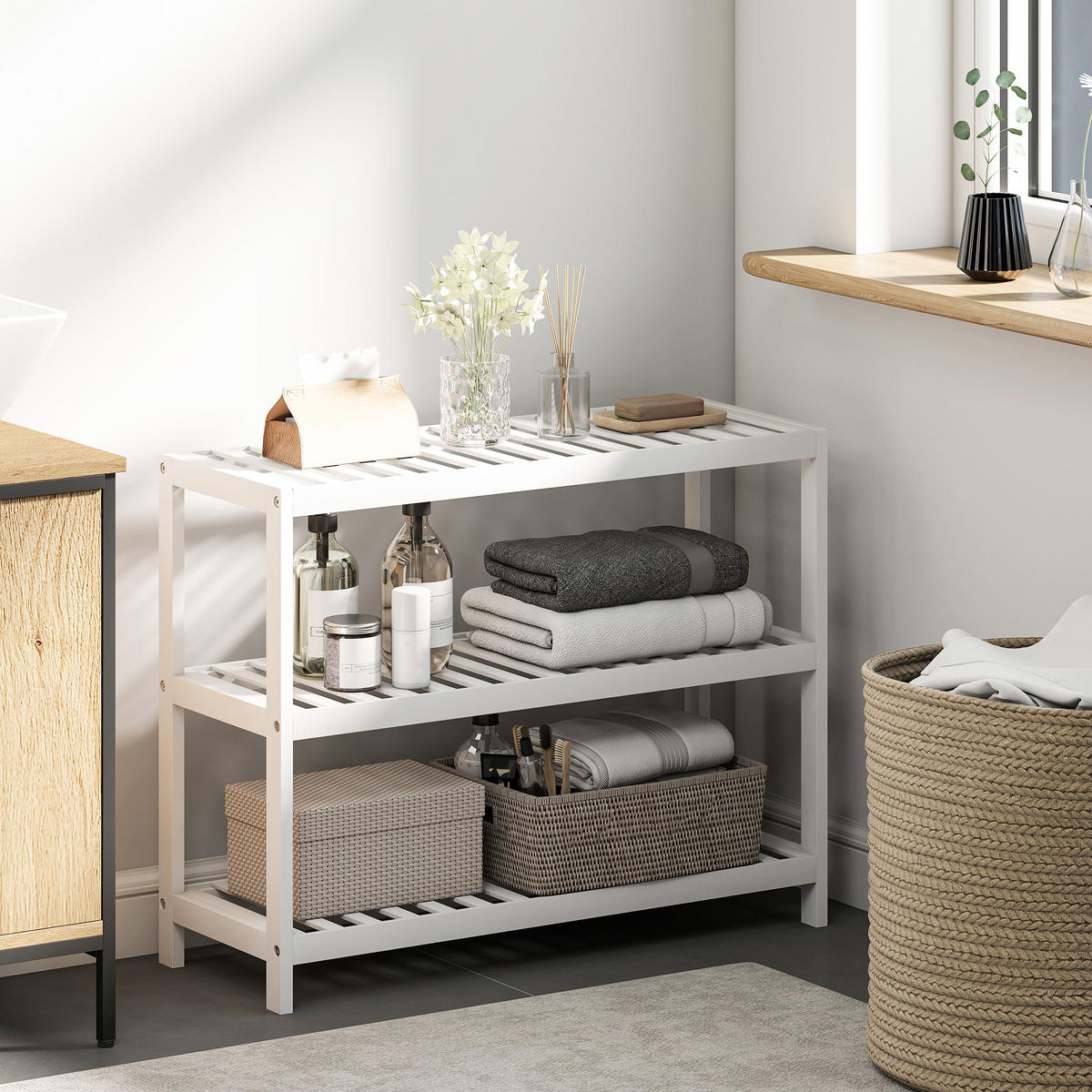 SCHUHREGAL mit 3 Ebenen, Schuhablage aus Bambus, Schuhständer für 9 Paar Schuhe - Weiß, Holz/Bambusholz (26/55/70cm) - HOMCOM