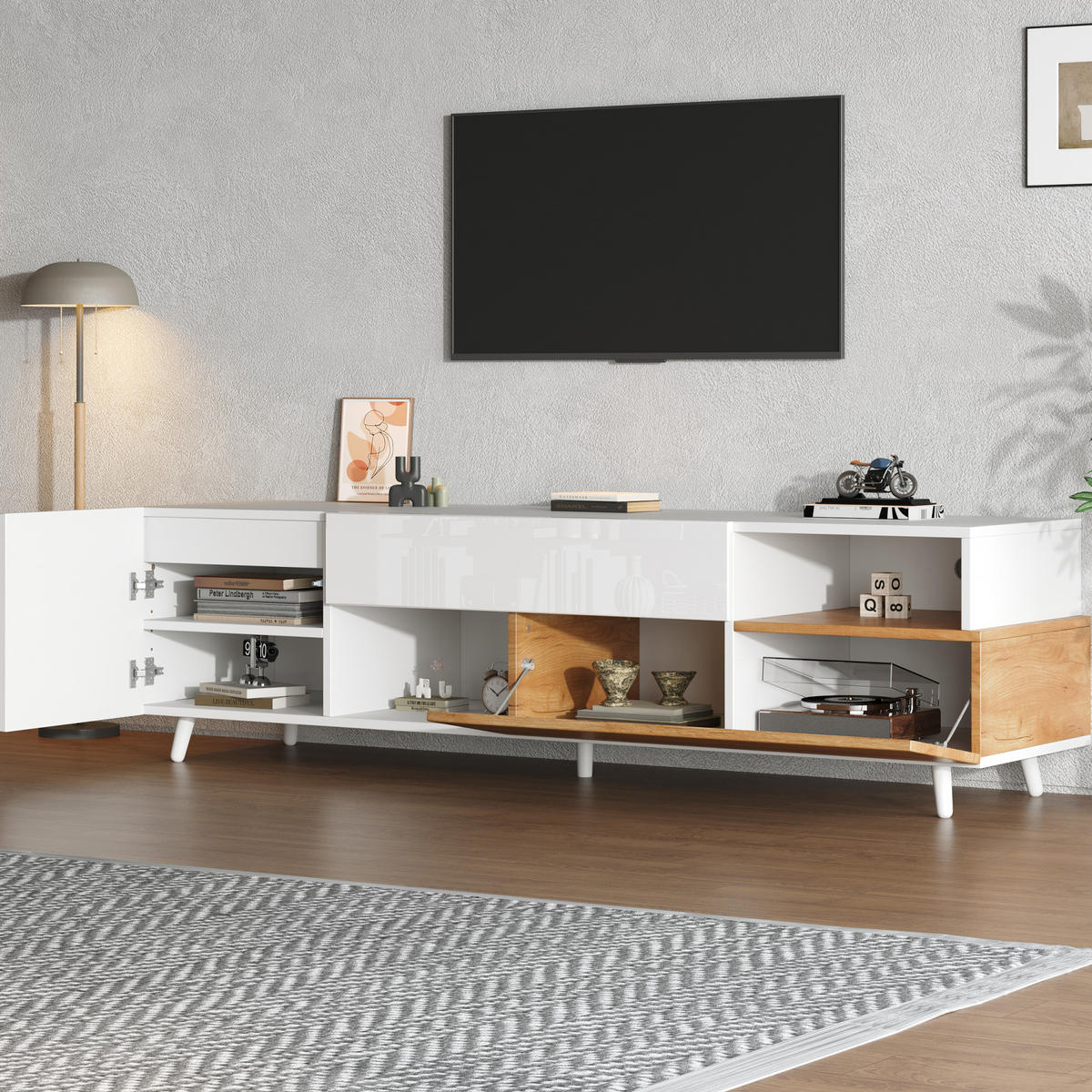 TV stolek 180/38/50 cm s vysokým leskem, zásuvkou a více úložnými prostory, Bílá/přírodní - světle hnědá, kompozitní dřevo (180/50/38cm) - Redom