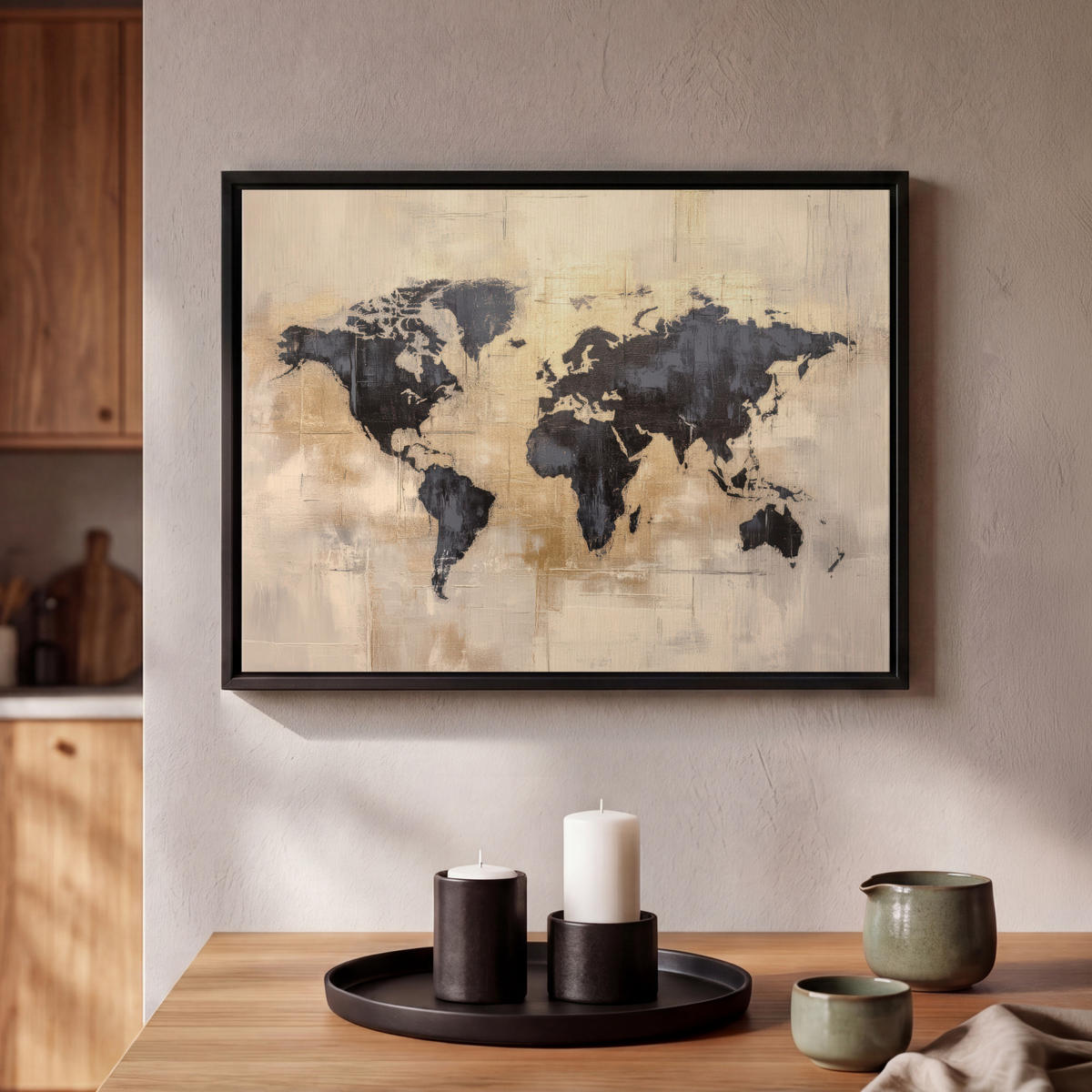 LEINWAND Bilder mit Rahmen - Weltkarte - Gold - Schwarz - Abstrakt - 40x30 - Kupferfarben, Textil (40/30cm) - MuchoWow
