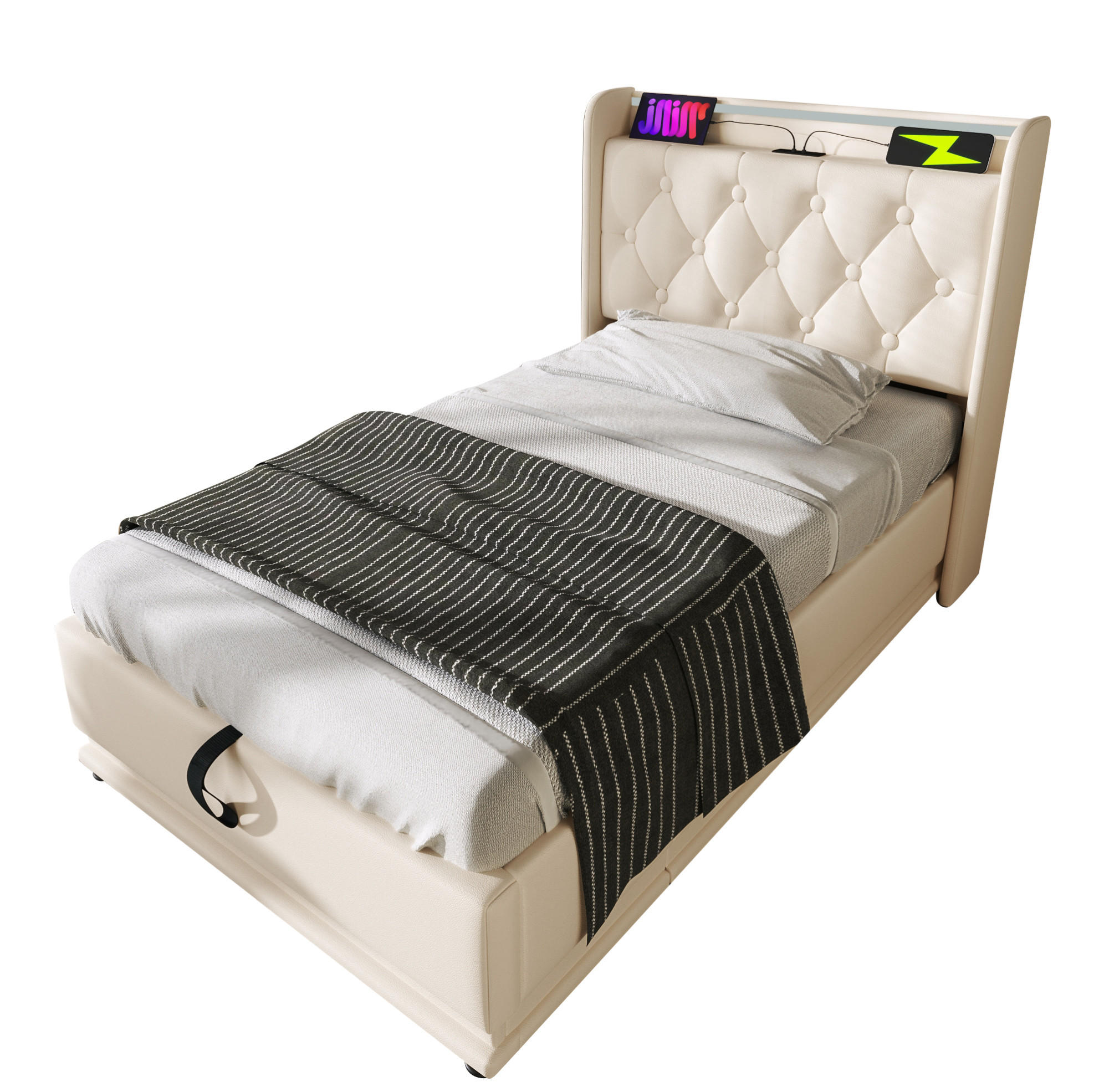 OKWISH ČALOUNĚNÁ postel 90/200 cm bílá z PU s LED osvětlením a úložným prostorem