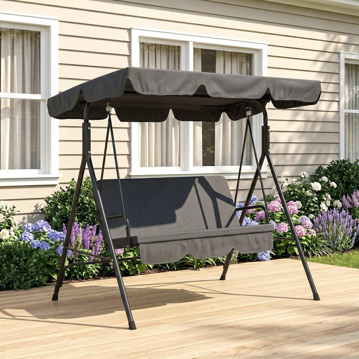 HOLLYWOODSCHAUKEL DE-15262 3-Sitzer mit verstellbarem Dach Schwarz - Schwarz, Metall (110/153/172cm) - ComfortXL