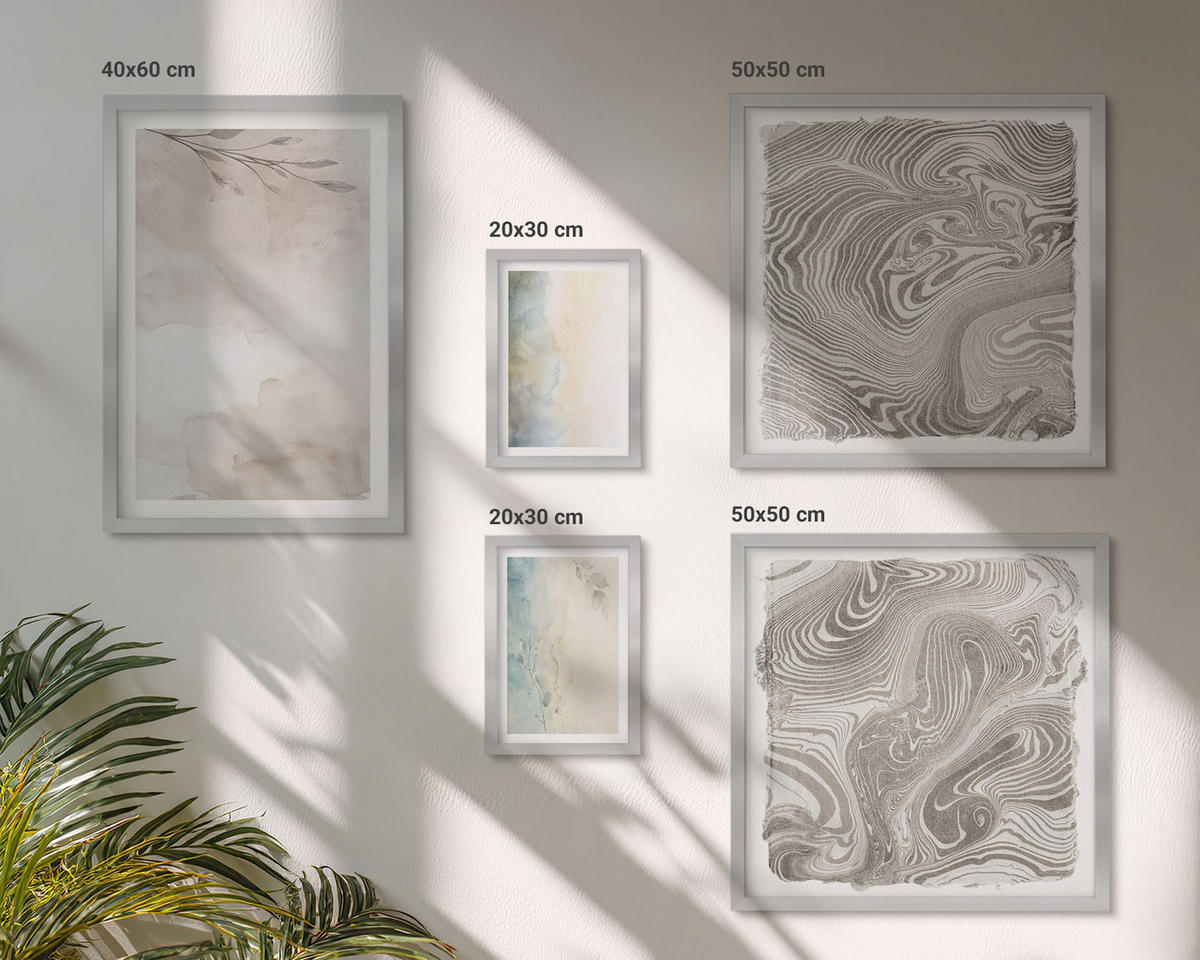 BILDER SET 5er Set - 50x50 cm & 20x30 cm & 40x60 cm Silberner Rahmen - Zarte Aquarellkartons - Silberfarben, Kunststoff (40/60cm) - TULUP