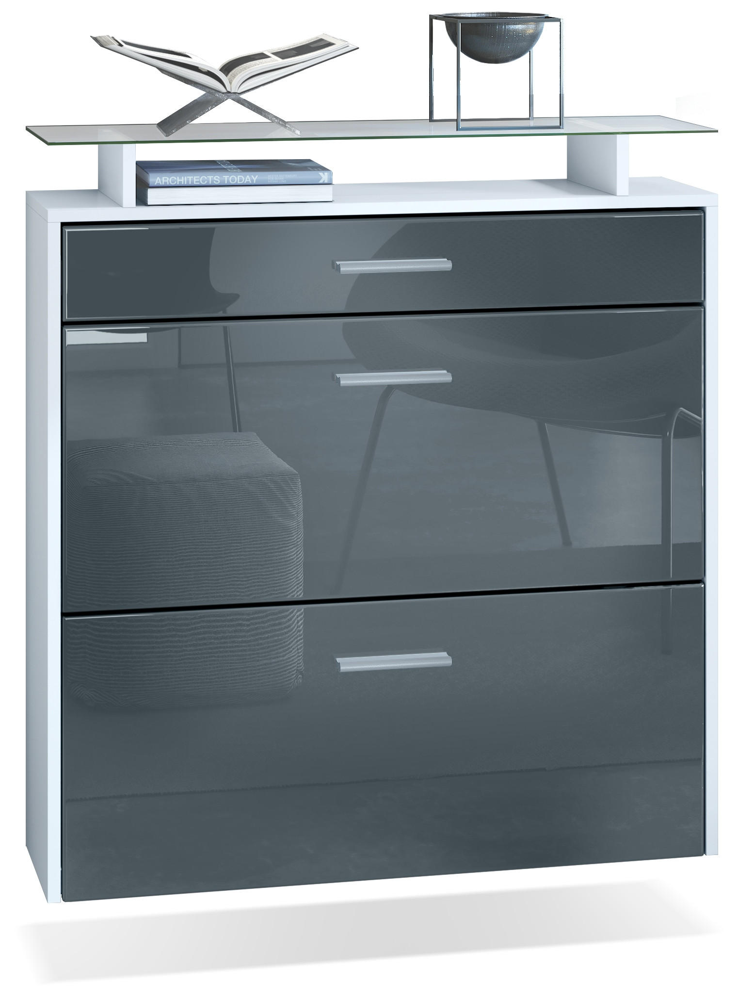 SCHUHSCHRANK Malea Front in Grau Hochglanz - Grau, Holzwerkstoff (89/96/23cm) - Vladon