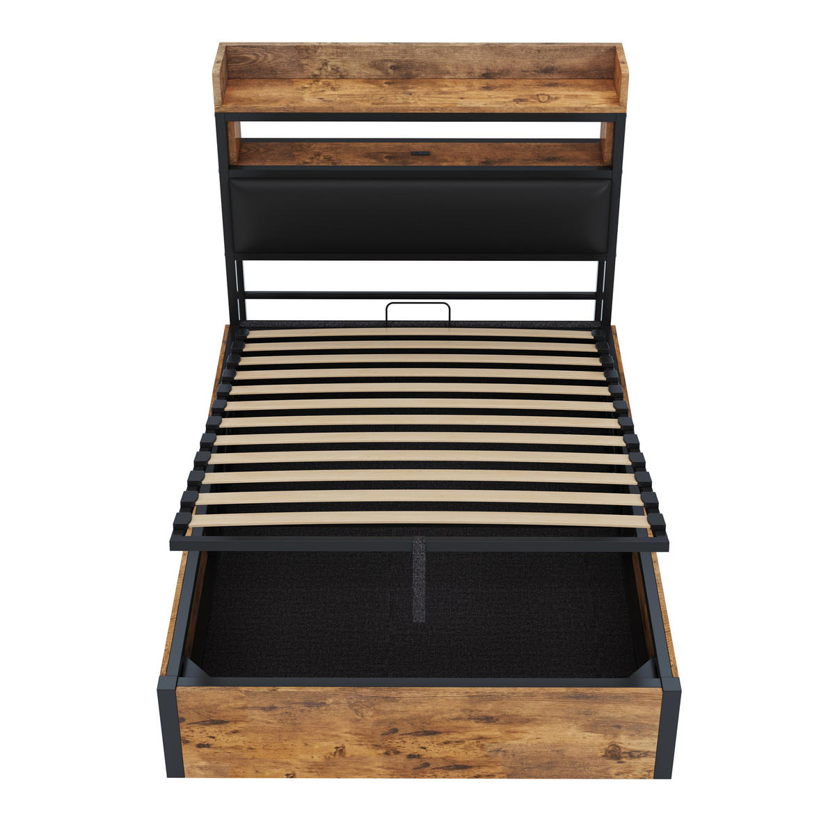 POLSTERBETT 90/200 cm in Schwarz mit Stauraum, USB und Regal - Schwarz, Holzwerkstoff/Textil (90/200cm) - WISHDOR