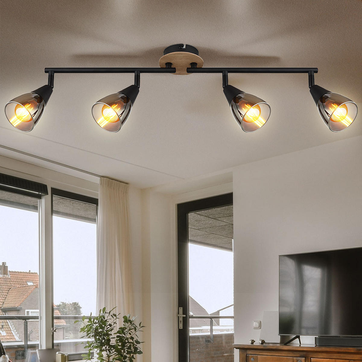 DECKENLEUCHTE Metall Glas Rauchfarben Schwarz - Schwarz, Holz (60/10/19cm) - Globo Lighting