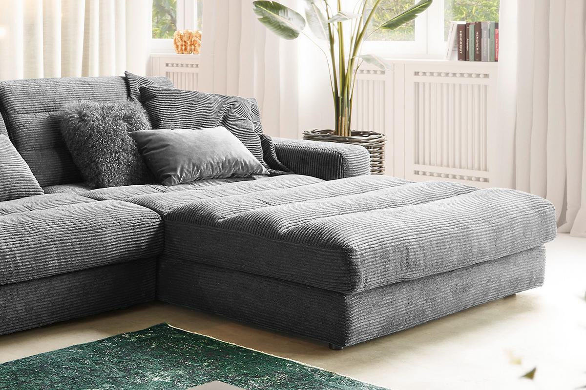 ECKSOFA XL LANA Grau Cord - Schwarz/Grau, Textil (416/205cm) - KAWOLA
