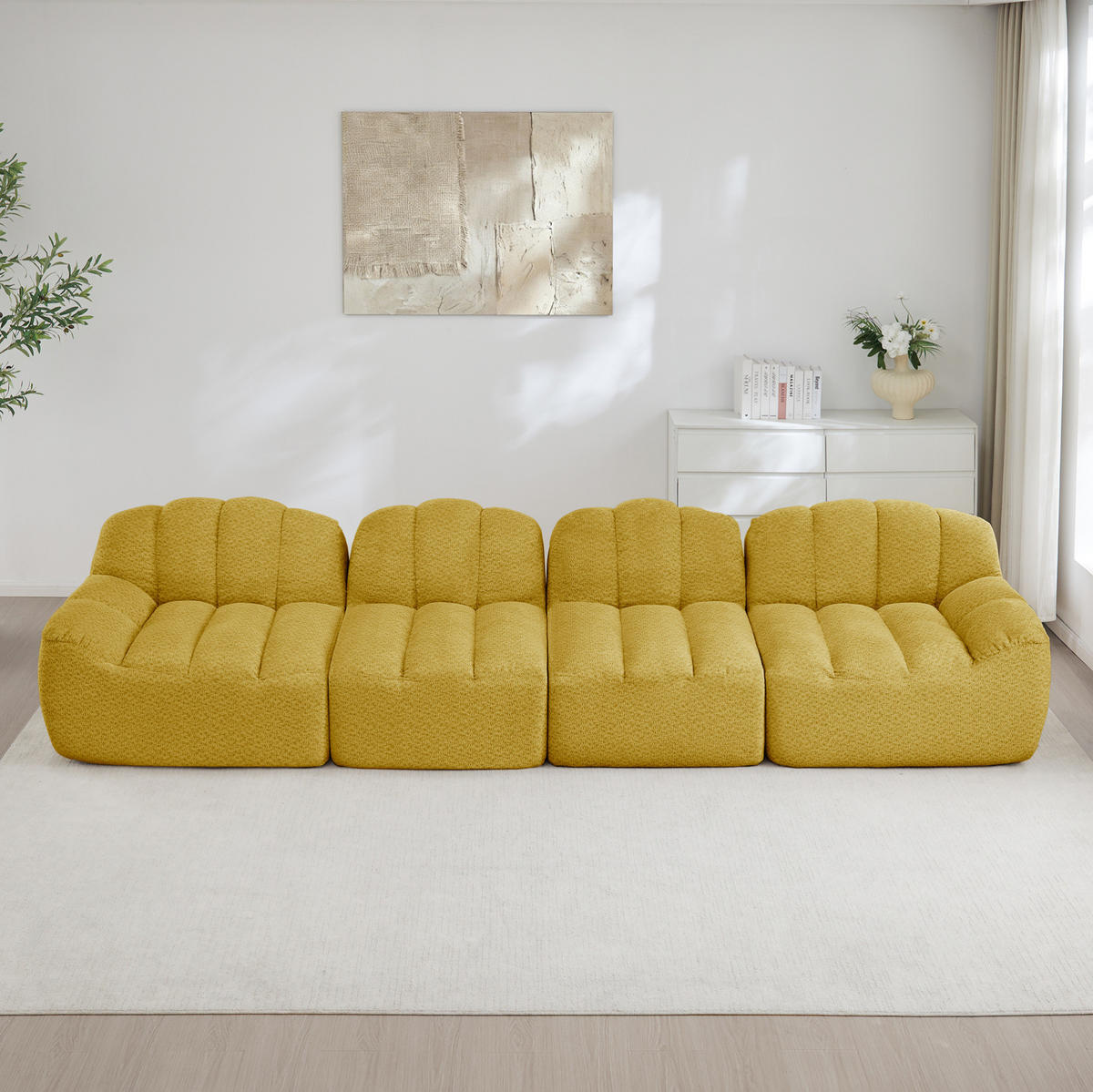 MODULARES 4-Sitzer Sofa aus granuliertem Fleece mit ergonomischer Muschelform Gelb - Gelb, Textil (104/79/366cm) - Modenvie