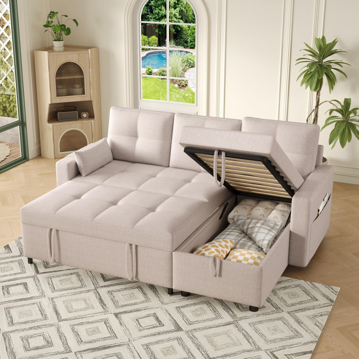 L-FÖRMIGES Schlafsofa aus Leinen mit Stauraum & Getränkehalter, 211/136/87 cm, Beige - Beige, Textil (136/87/211cm) - Redom