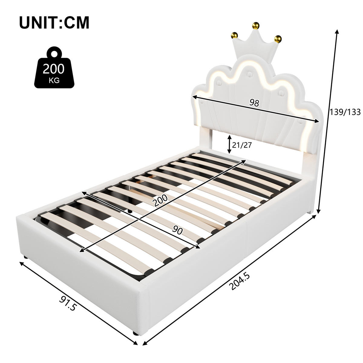 KINDERBETT 90/200 cm Weiß mit hydraulischem Hebemechanismus und LED-Lichtband - Weiß, Leder (90/200cm) - OKWISH