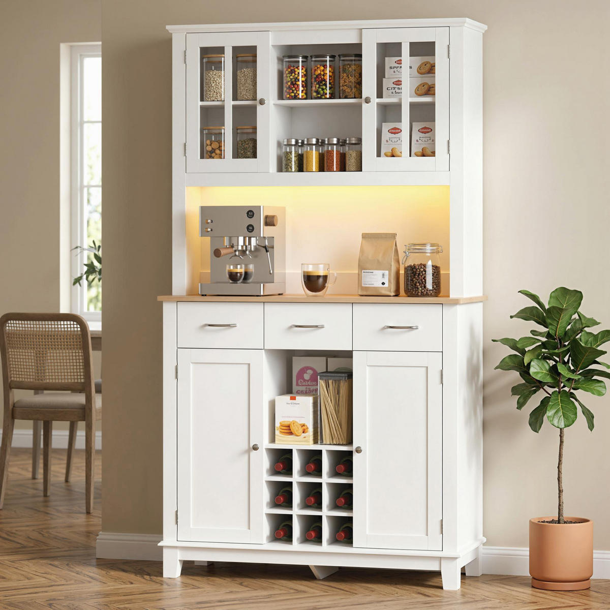 BUFFET DE-11344 LED-Licht & Weinkeller, 4 Türen, 3 Schubladen Weiß - Weiß, Holzwerkstoff (39.5/180/100cm) - ComfortXL