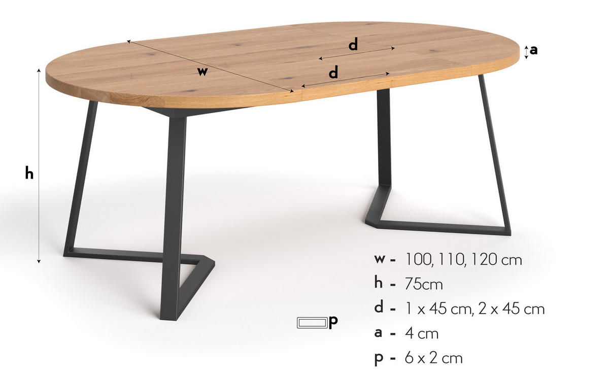 TISCH Ausziehbar Axis aus massivem Eichenholz 100 cm + Tischverlängerung 1x45 cm - Eichefarben/Schwarz, Holz/Metall (100/100/75cm) - Danzz