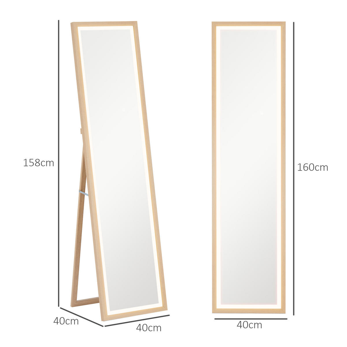 GANZKÖRPERSPIEGEL 40 x 160 cm Standspiegel mit LED-Lichte, Eiche - Eichefarben, Glas (40/160/5cm) - HOMCOM