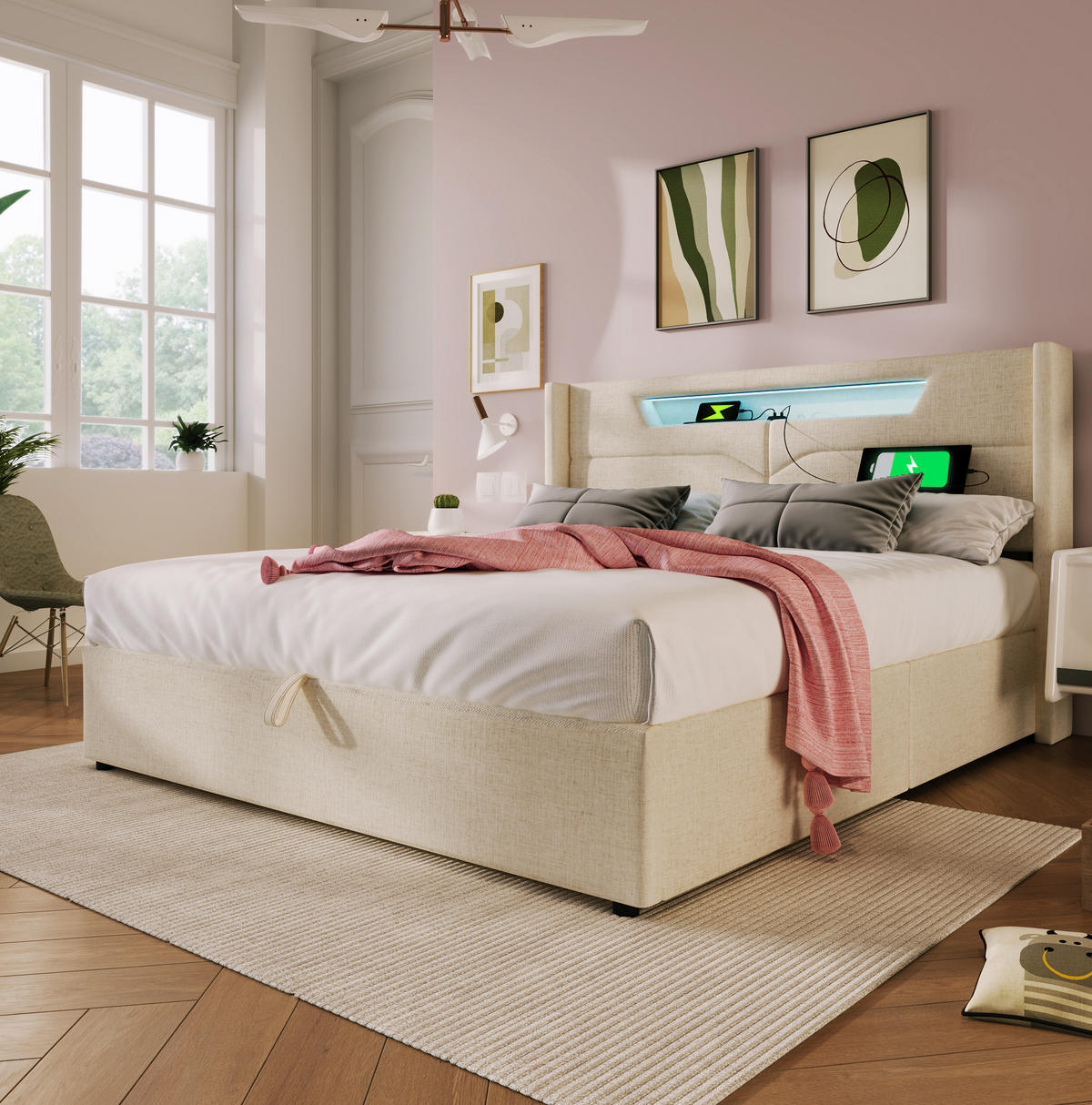 POLSTERBETT mit LED-Beleuchtung 160/200 cm mit Bettkasten, USB-C und gepolstertem Kopfteil - Beige, Textil (160/200cm) - BEAOK