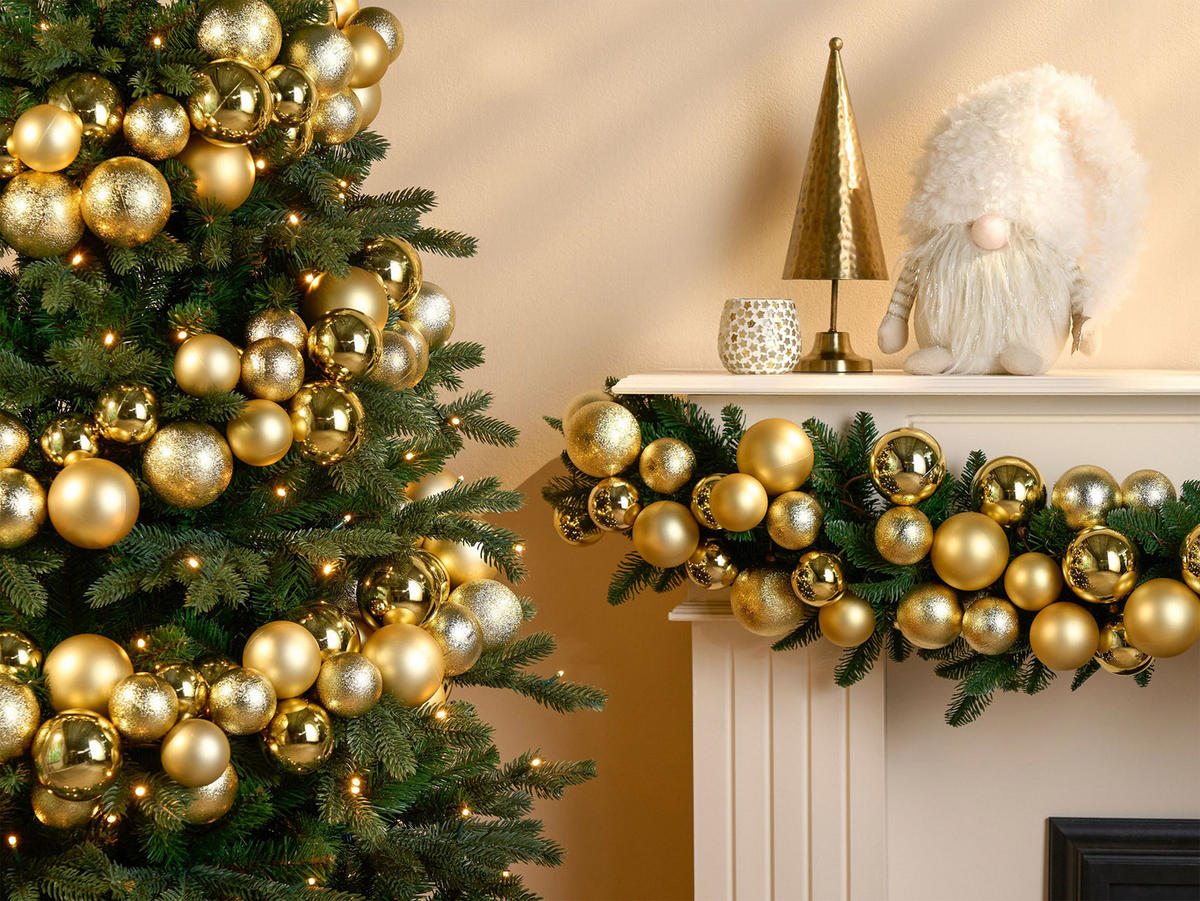 WEIHNACHTSBAUM künstlicher 180 cm – KÖNIGSGOLD II, geschmückt mit 240-teiligem Weihnachtsbaumschmuck, inkl. Ständer - Goldfarben/Grün, Kunststoff/Metall (119/180cm) - LAALU