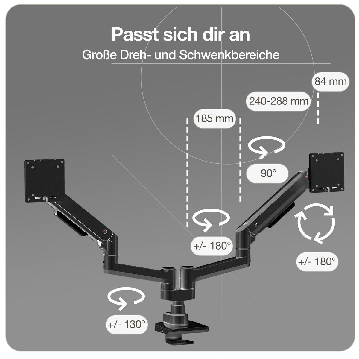 MONITORARM Doppel-Monitorarm in schwarz mit Gasfeder für 2 Monitore 17–35 Zoll bis je 20kg / Schwarz - Schwarz, Metall (25/50/13cm) - ASSMANN