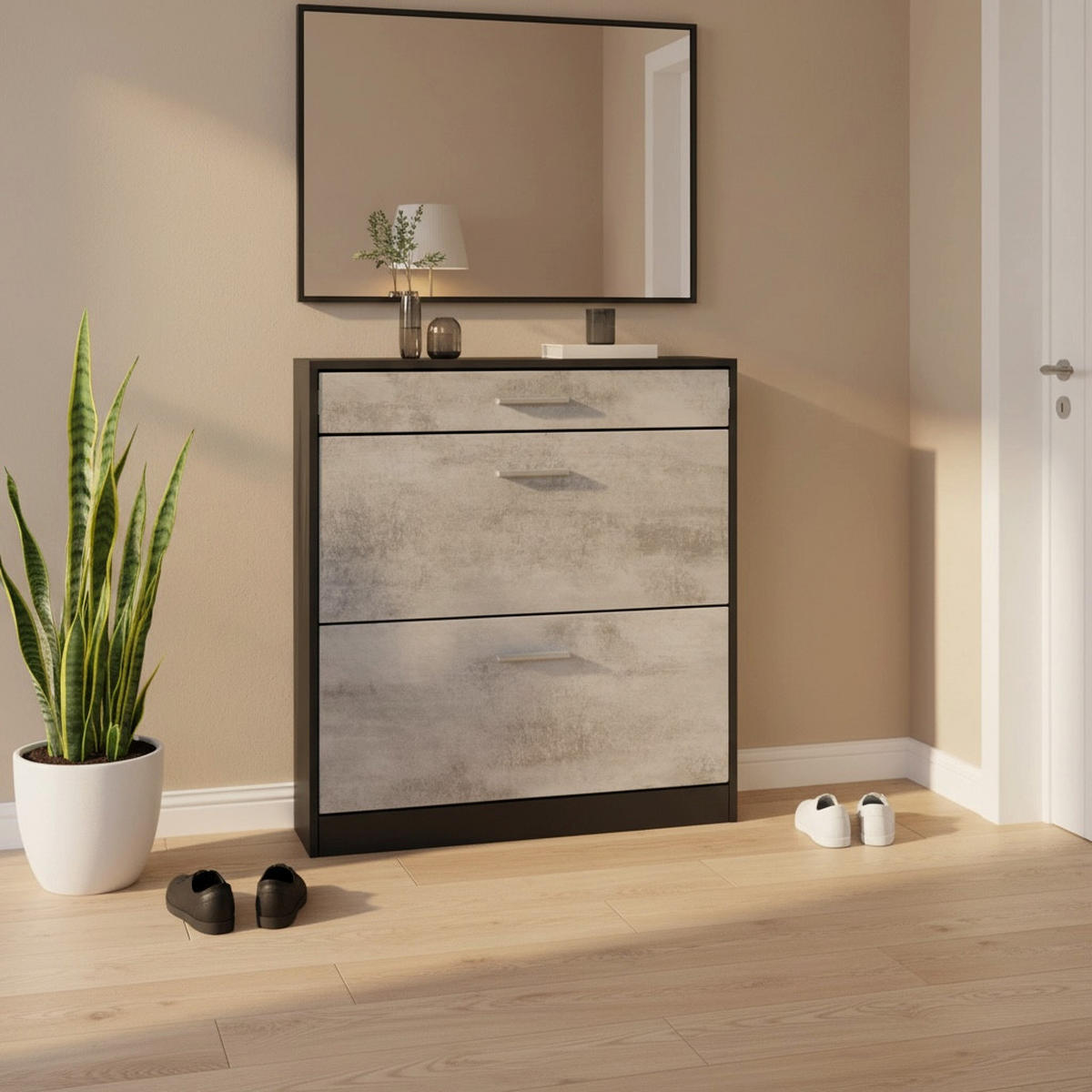 SCHUHSCHRANK Roma Schmal mit 2 Klappen und 1 Schublade, Platzsparender Schuhkipper, Schwarz/Beton Oxid Optik (89 x 95,5 x 23 cm) - Graphitfarben, Holzwerkstoff (89/95.5/23cm) - InnoFurn