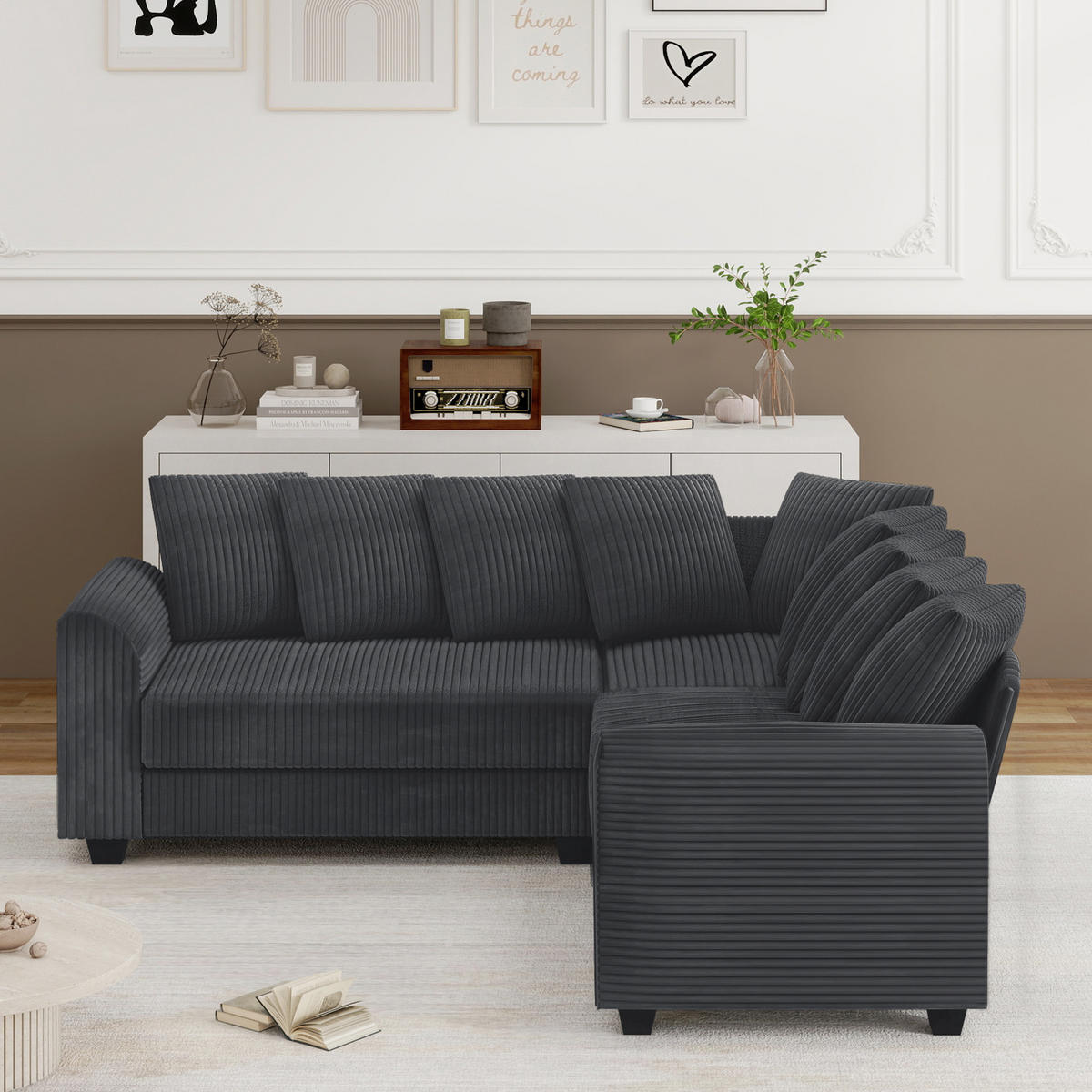 ECKSOFA L-Form Cord 83 cm Sitztiefe, 8,5 cm Füße inkl. 9 Kissen 202/202/74 cm Grau - Grau, Textil (202/202cm) - Redom