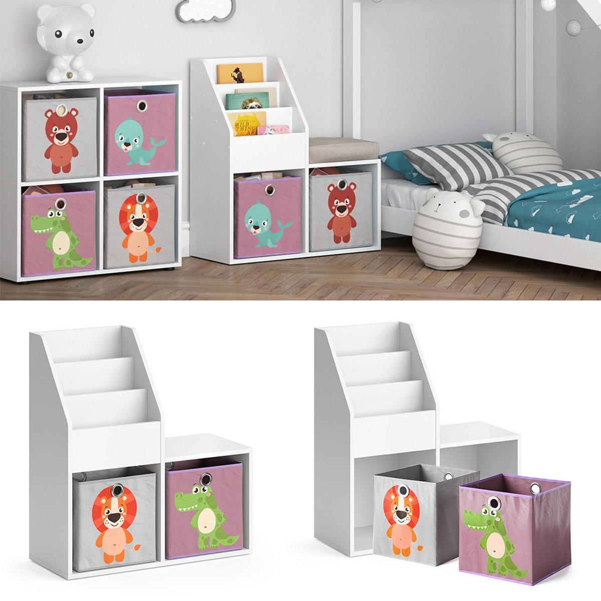 KINDERREGAL Luigi Weiß 72 x 79 cm Mini, mit 2 Faltboxen opt.3 - Weiß, Holzwerkstoff (30.9/79/72cm) - Vicco
