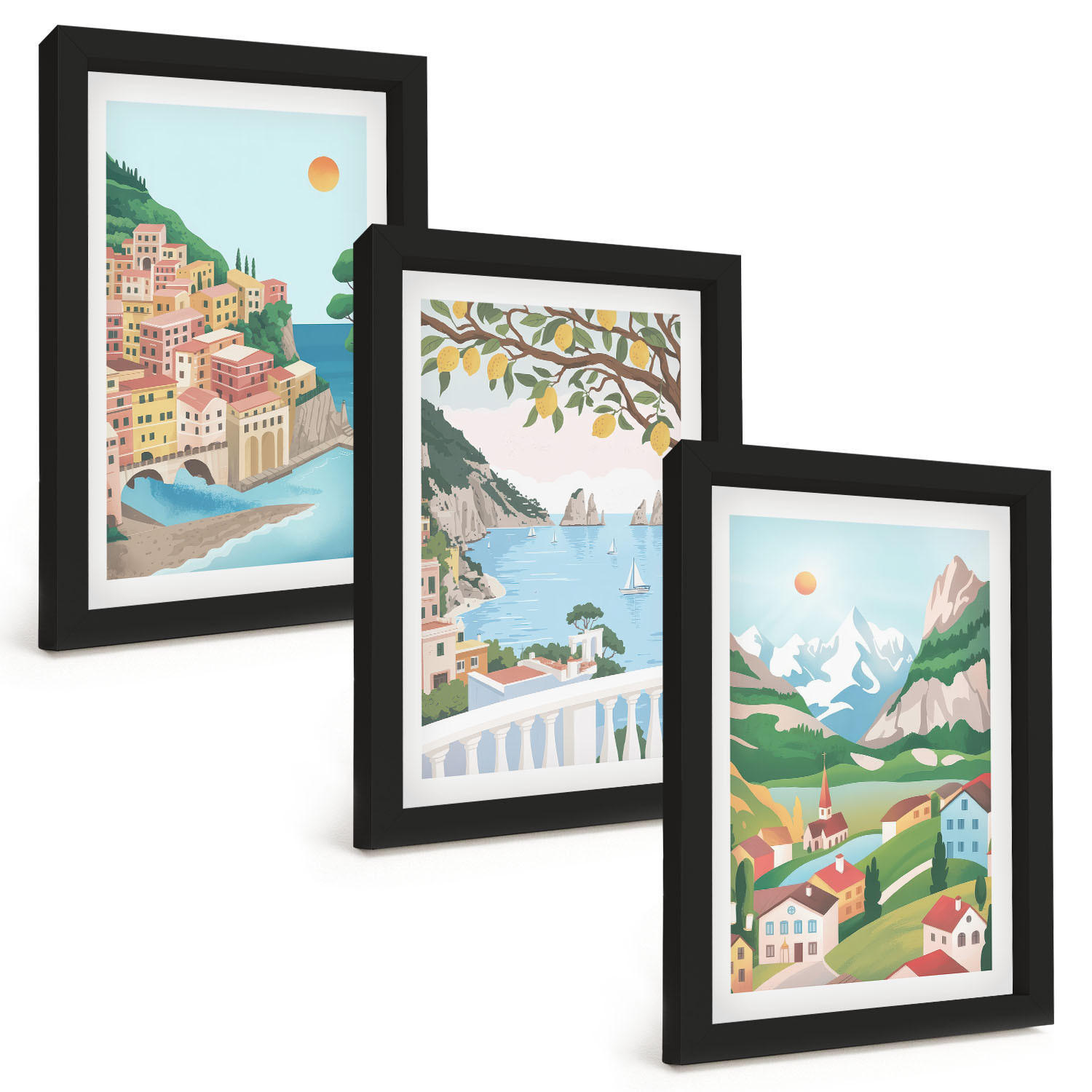 BILDER SET 3er Set - 20x30 cm Schwarzer Rahmen - Pastellfarbene Küstenansichten - Schwarz, Kunststoff (20/30cm) - TULUP