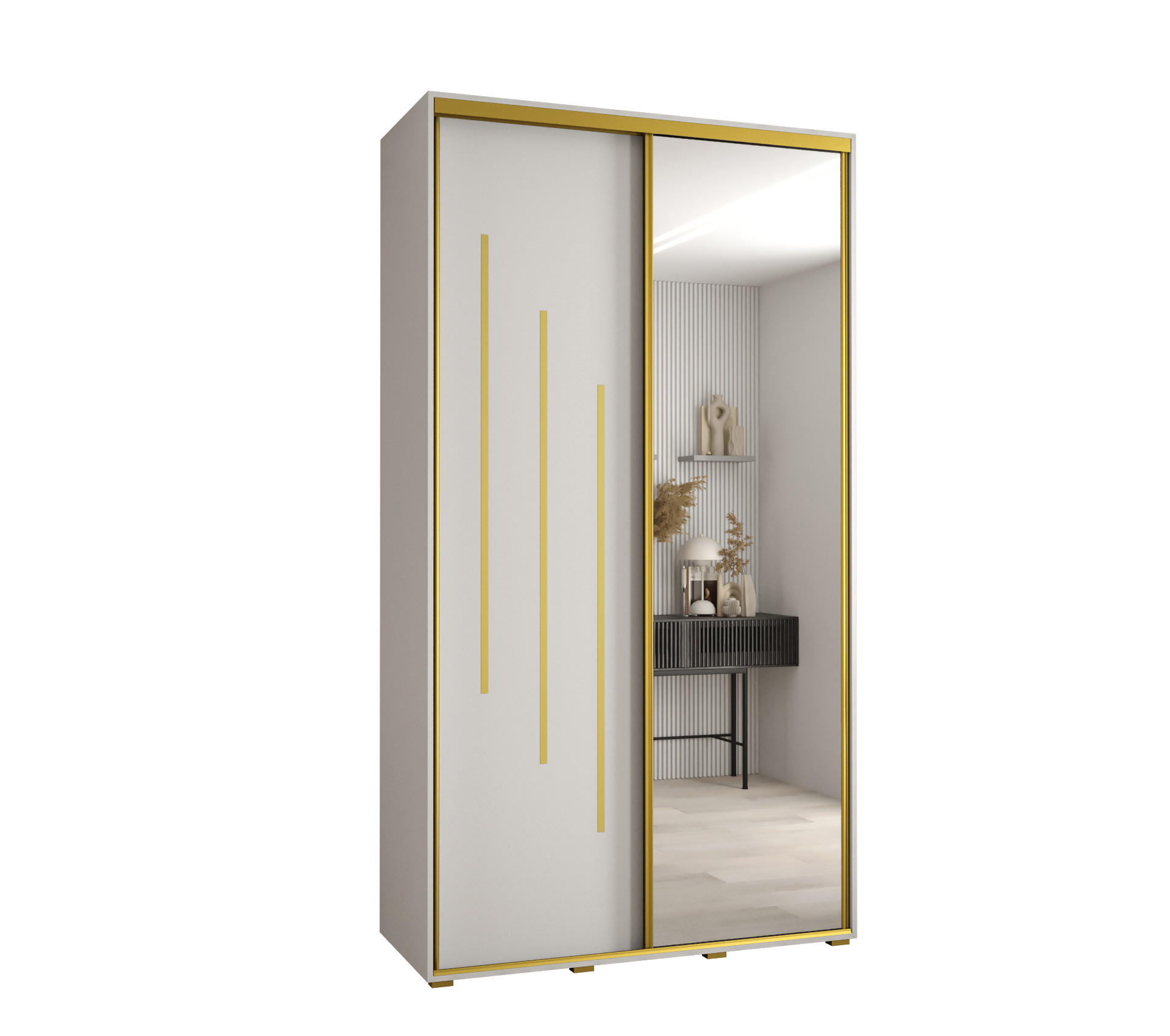 Abiks Möbel SCHWEBETÜRENSCHRANK Weiß, Weiß, Gold 140cm × 60cm × 235cm