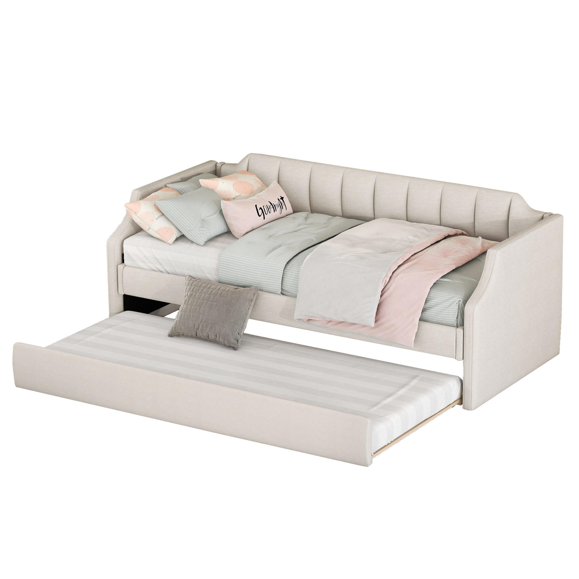 POLSTERBETT 90/200 cm Beige aus Leinen und Sperrholz mit Rollbett - Beige, Textil (90/200cm) - OKMYHOME