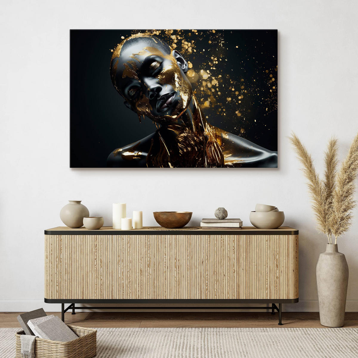 LEINWANDBILD für Wohnzimmer abstraktes Porträt Frau Glamour 100cm x 70cm - Beige/Schwarz, Textil (100/70cm) - Muralo