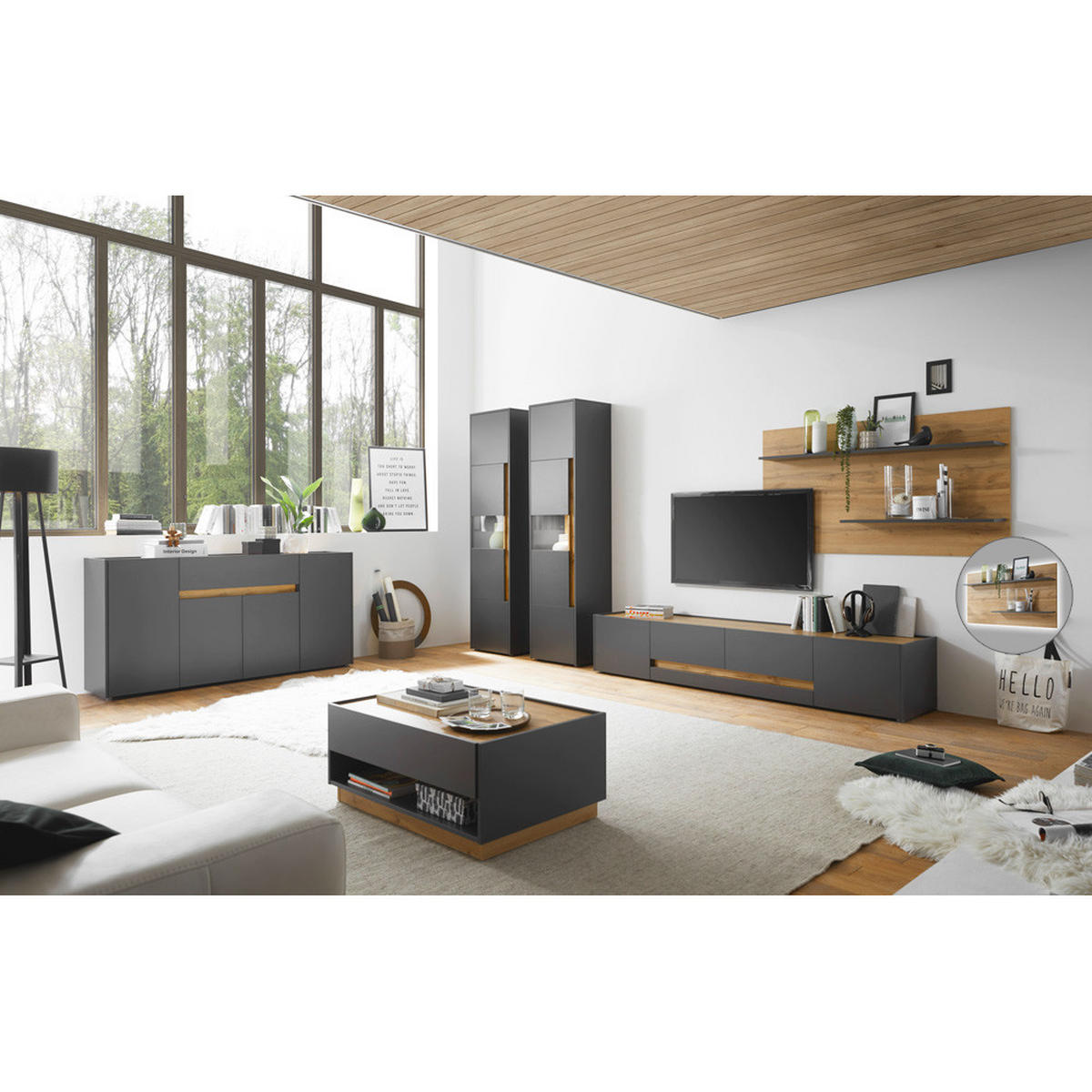 WOHNZIMMER-SET 6-TLG. Crisp-61 - Anthrazit, Holzwerkstoff (735/197/60cm) - Lomado