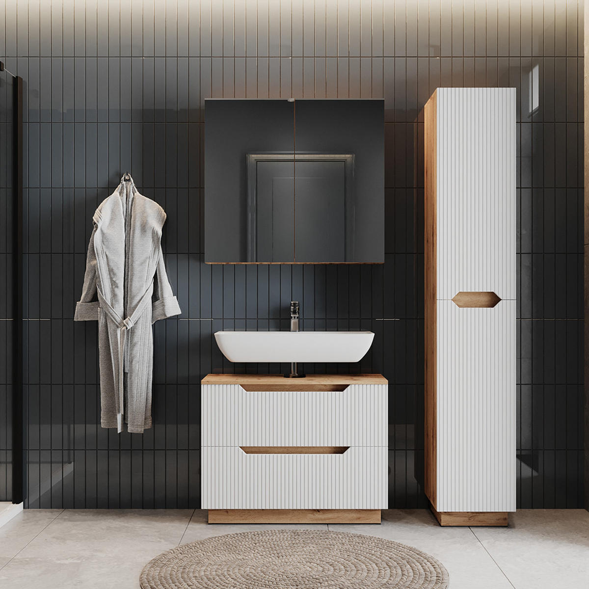 BADMÖBEL-SET Lotta Eiche/weiß gestreift 3 Teile - Eichefarben/Weiß, Holzwerkstoff (79.6/62.5/32cm) - Vicco