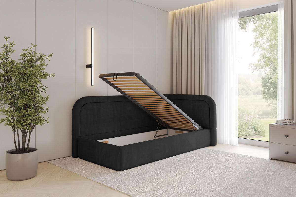 EINZELLBETT Jugendbett mit Bettkasten, Links - JOVY 80x200 Schwarz - Schwarz, Holzwerkstoff/Textil (80/200cm) - ALTDECOR