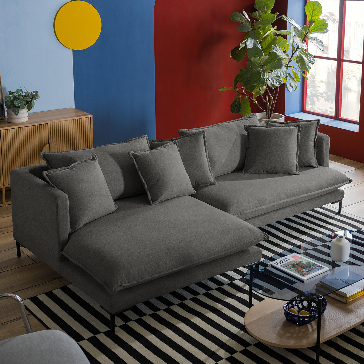 ECKSOFA mit Longchair - Grau - Webstoff - Dunkelgrau, Textil/Metall (261/140cm) - home24