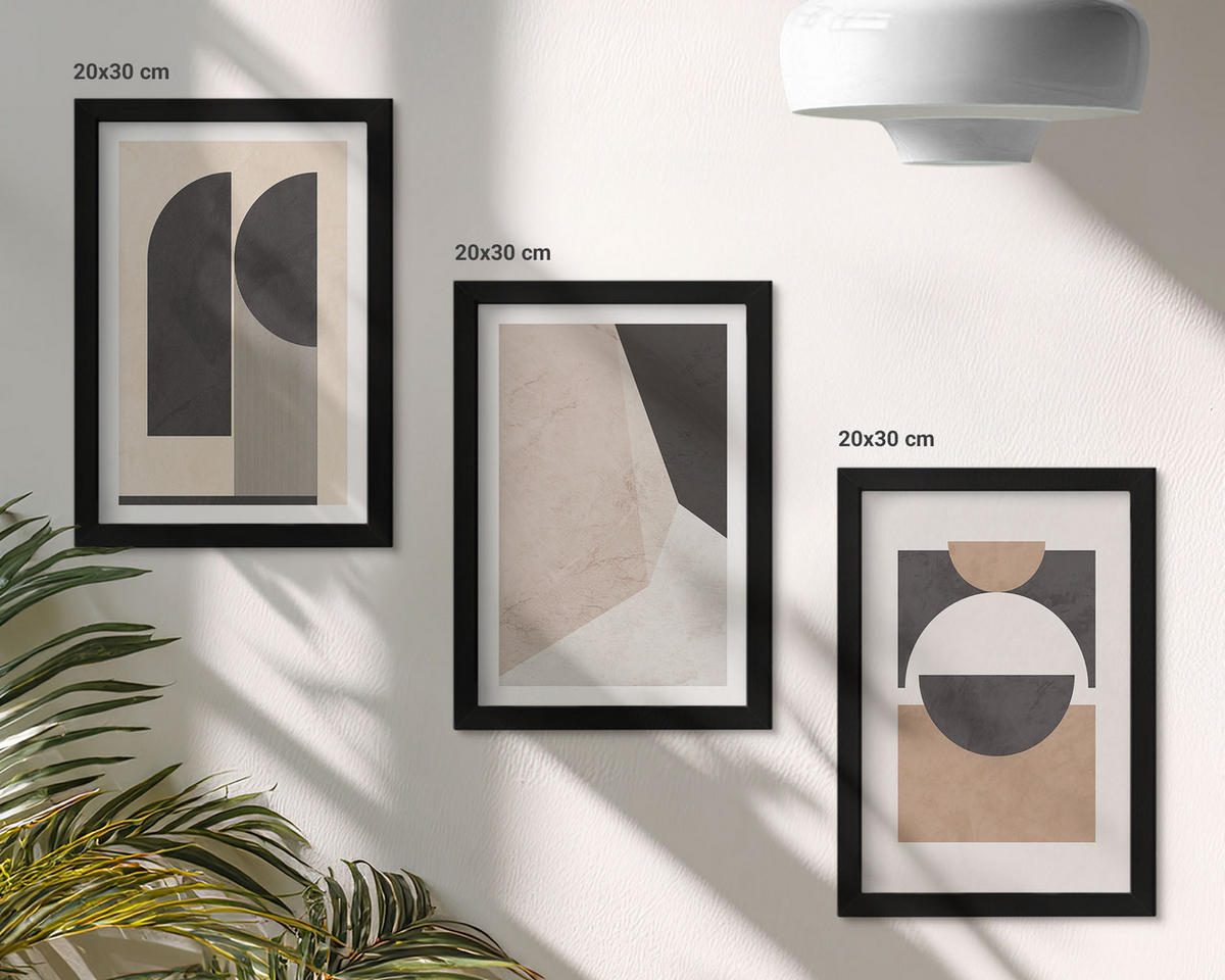 BILDER SET 3er Set - 20x30 cm Schwarzer Rahmen - Abstrakte Formen beige braun - Schwarz, Kunststoff (20/30cm) - TULUP