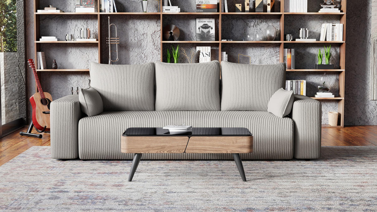 SOFA Bubi mit Bettkasten und Schlaffunktion, Cordstoff - Beige, Holzwerkstoff (242/85/95cm)