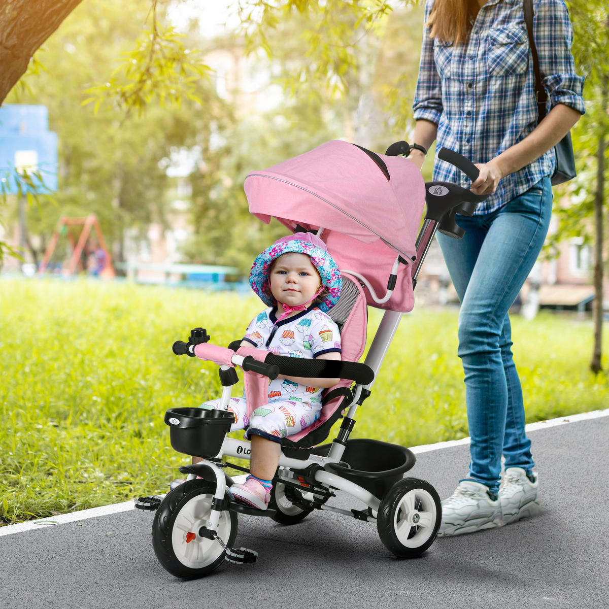 6 in 1 Dreirad mit Schubstange, Kinderdreirad mit Sicherheitsgurt, Sonnendach - Rosa, Metall (112/50/104cm) - HOMCOM